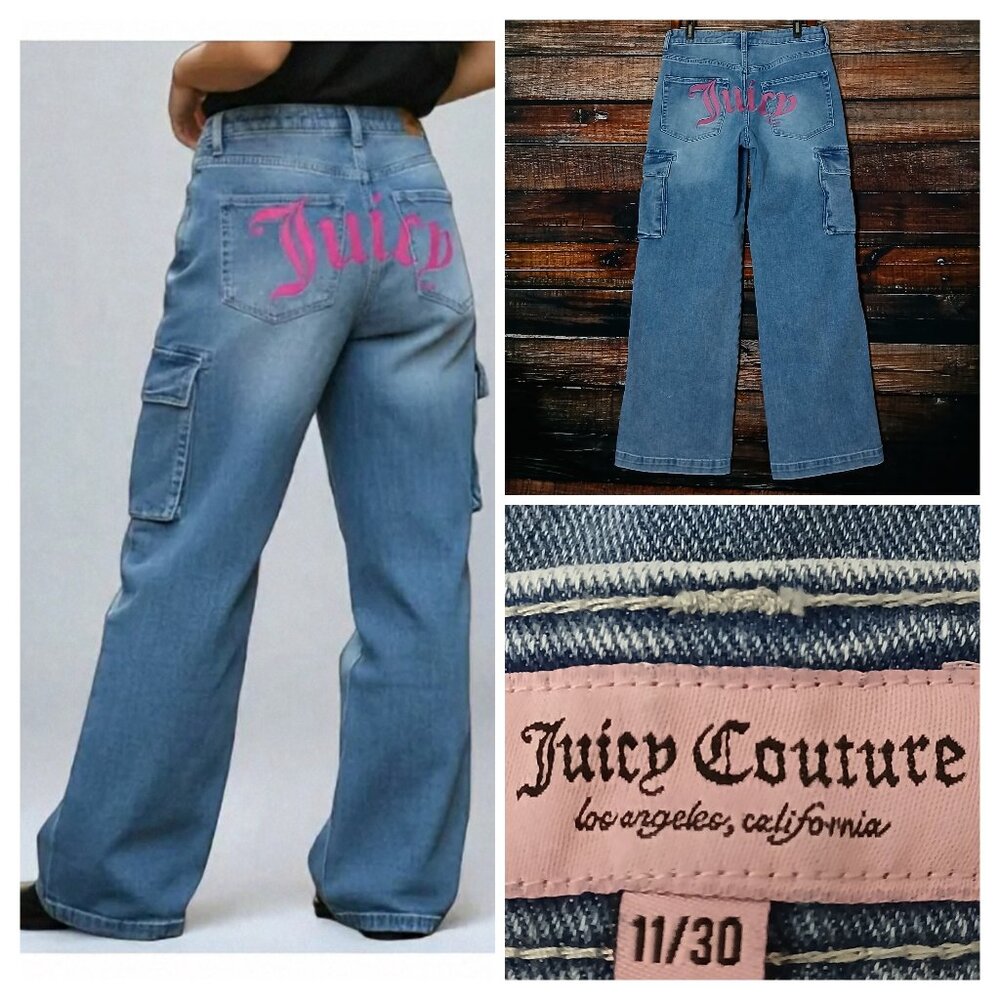 Juicy Couture Cargo Jeans Size 11 30 Abbot Wide Leg Blue Denim Embroidered